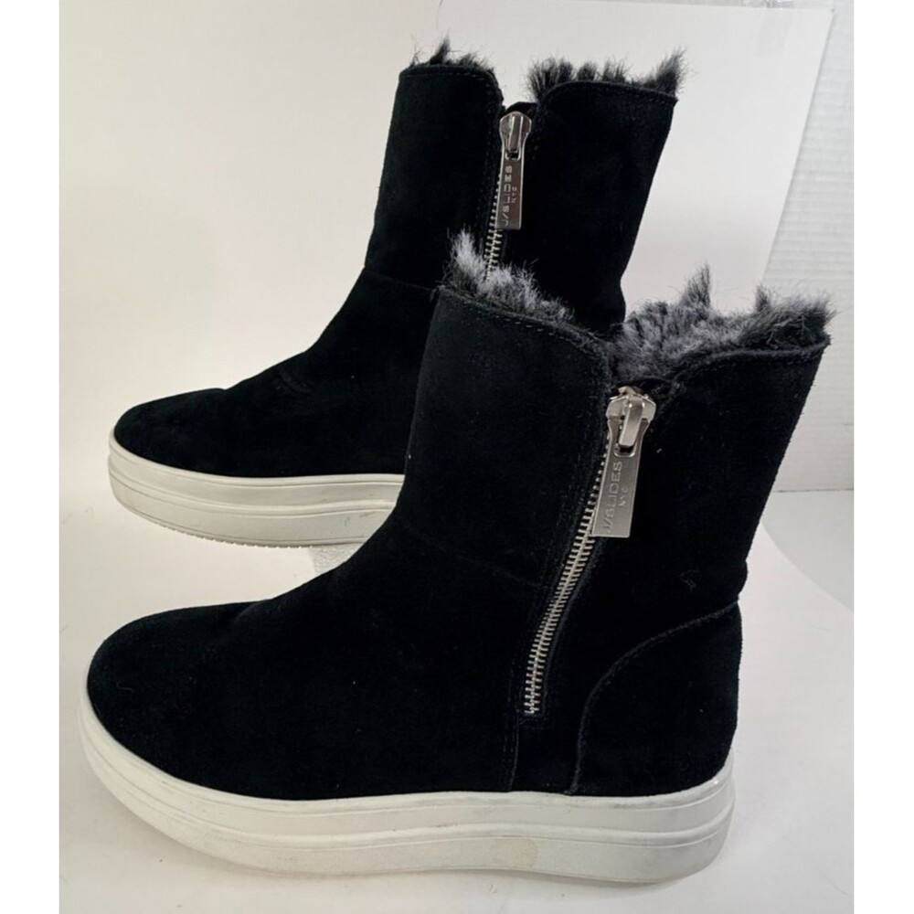 J Slides Womens Tristan Platform Booties Size 7 M Black Suede Faux Fur Side Zip
